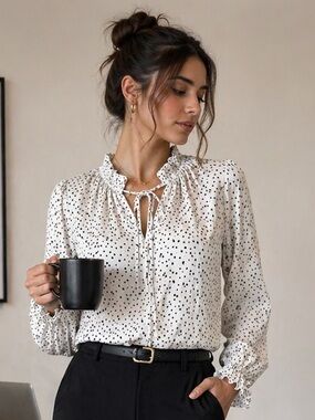 Downeast White Black Polka Dot Tie Neck Blouse Size L Long Sleeve Career Top